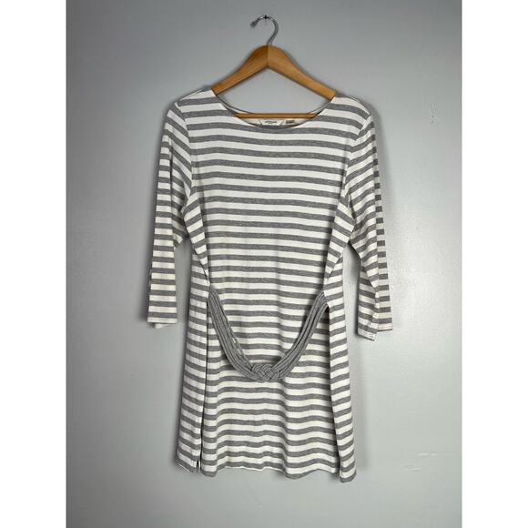 Liz Claiborne Womens Tunic Top Heather Gray Striped Belted Size L Mature - Picture 1 of 6